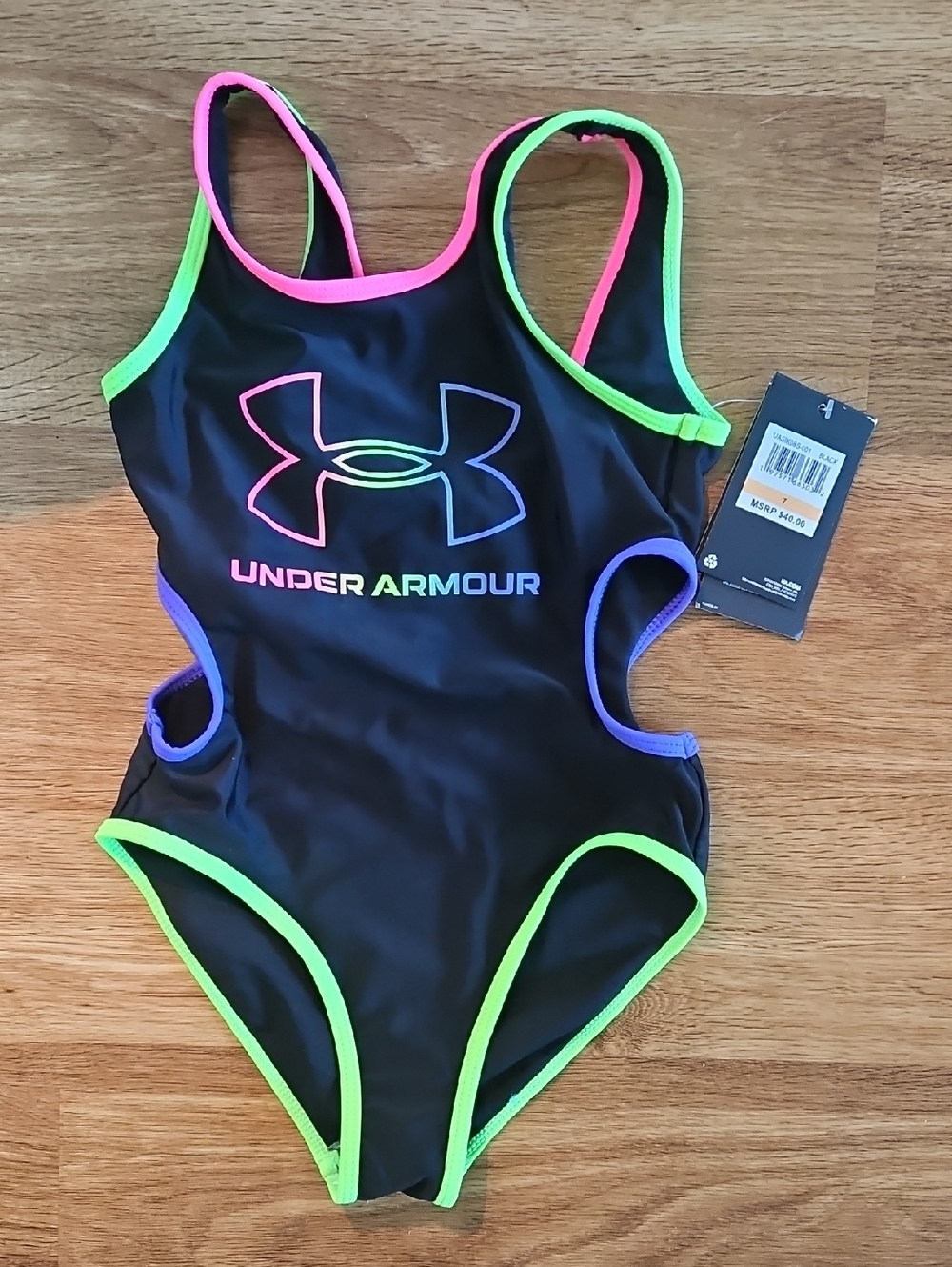 Under Armour Black Girls One-Piece Swimsuit with Neon Pink, Green & Purple Trim